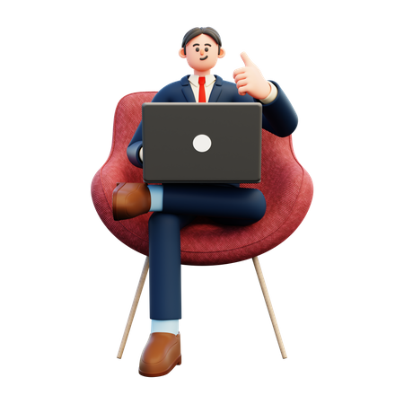 Businessman working on laptop while showing thumbs up  3D Illustration
