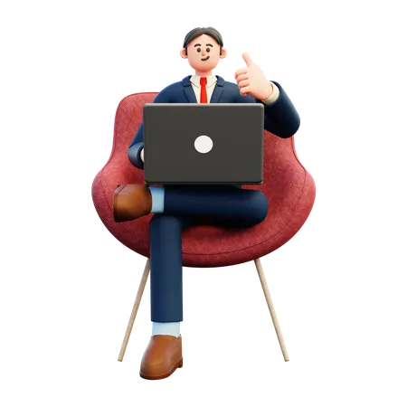 Businessman working on laptop while showing thumbs up  3D Illustration