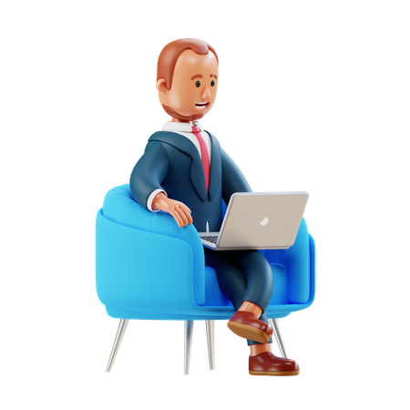 Businessman working on laptop while sitting on armchair  3D Illustration