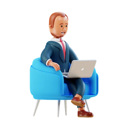 Businessman working on laptop while sitting on armchair  3D Illustration