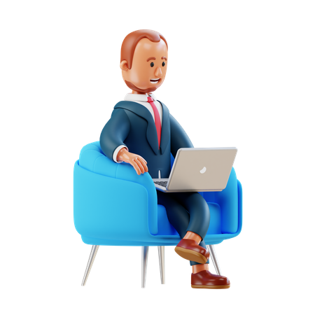 Businessman working on laptop while sitting on armchair 3D Illustration