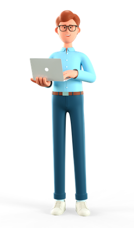 Businessman working on laptop while standing  3D Illustration