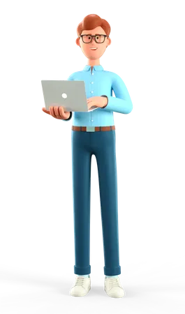 Businessman working on laptop while standing  3D Illustration