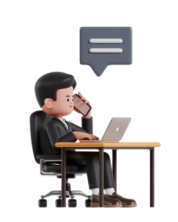 3 D Illustration Of Cartoon Businessman Working On Laptop While Talking On Phone 3D Illustration