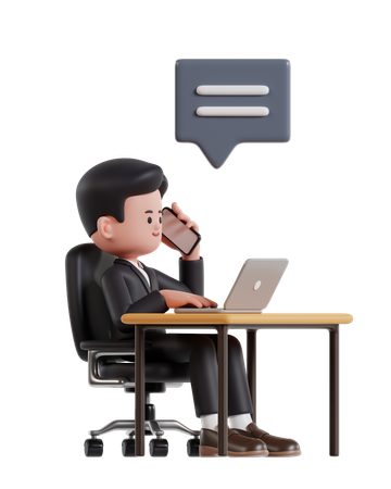 Businessman working on laptop while talking on phone  3D Illustration