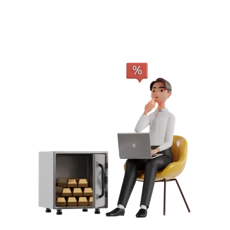 Businessman Sitting In Front Of Laptop Thinking Percentage Of Gold Investment Owned In Vault 3D Illustration