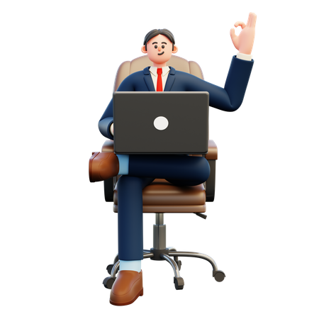 Businessman working on laptop with ok gesture  3D Illustration