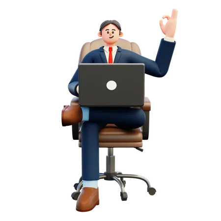 Businessman working on laptop with ok gesture  3D Illustration