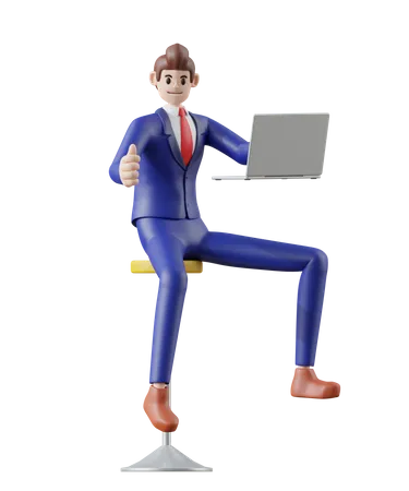 Businessman Working With Laptop And Hand Gesture Good Idea 3 D Illustration Of Cute Cartoon Smiling Isolated On White Background 3D Illustration