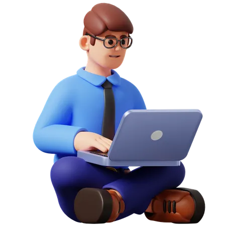 Businessman Working With Laptop Sitting On The Floor  3D Illustration