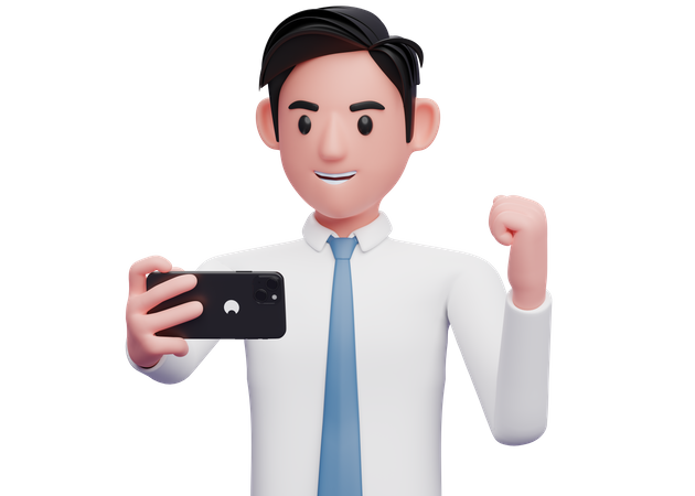 Businessmen in white shirt blue tie celebrating on video call  3D Icon