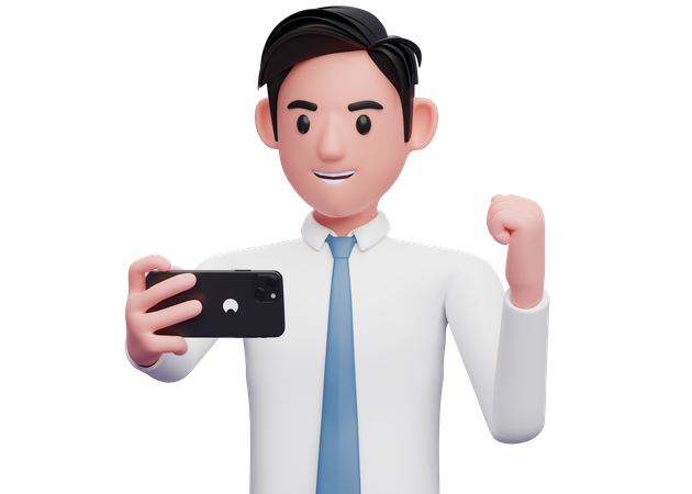 Businessmen in white shirt blue tie celebrating on video call  3D Illustration