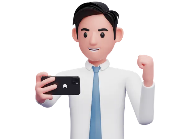 Businessmen in white shirt blue tie celebrating on video call 3D Illustration