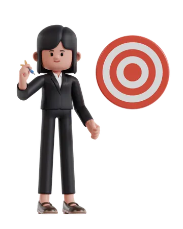 3 D Illustration Of Cartoon Businesswoman Is Aiming At Target With Darts 3D Illustration