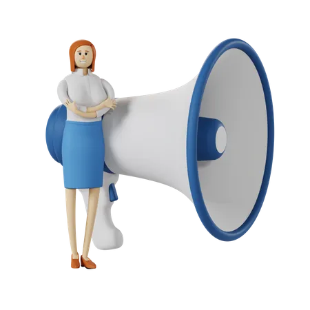 Businesswoman and big megaphone  3D Illustration