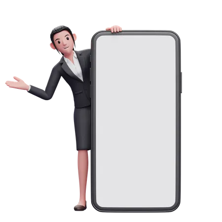 Businesswoman appears from behind phone  3D Illustration