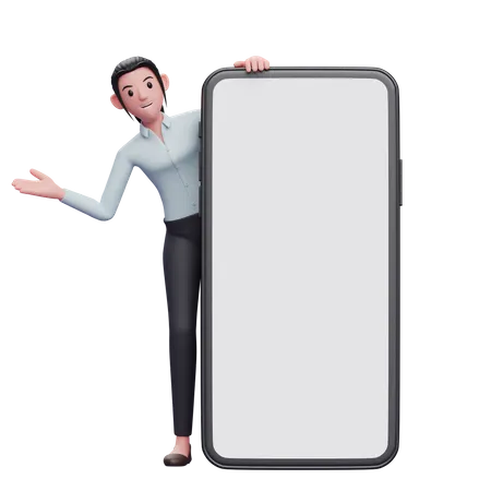 Smart Girl Appears From Behind A Big Phone 3 D Render Character Illustration 3D Illustration