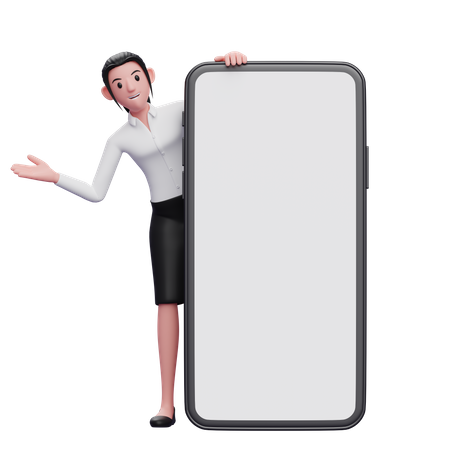 Businesswoman appears from behind phone 3D Illustration