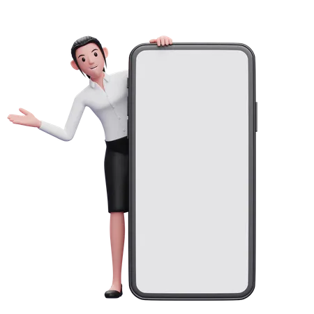 Smart Girl Appears From Behind A Big Phone Decoration 3 D Render Character Illustration 3D Illustration