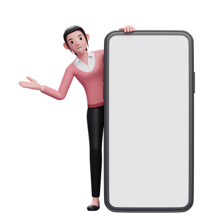 Businesswoman appears from behind phone  3D Illustration
