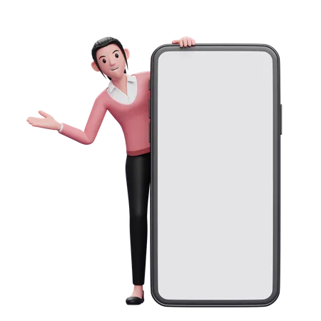 Beautiful Woman Appears From Behind A Big Phone 3 D Render Character Illustration 3D Illustration