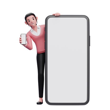 Businesswoman appears from behind phone  3D Illustration
