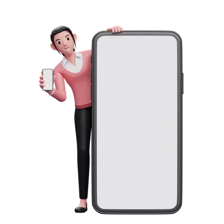 3 D Womaan Wearing Pink Sweater Standing Behind A Big Cellphone While Showing The Phone Screen 3D Illustration