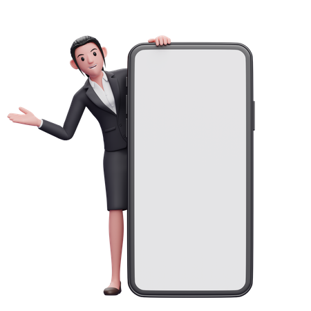 Businesswoman appears from behind phone 3D Illustration
