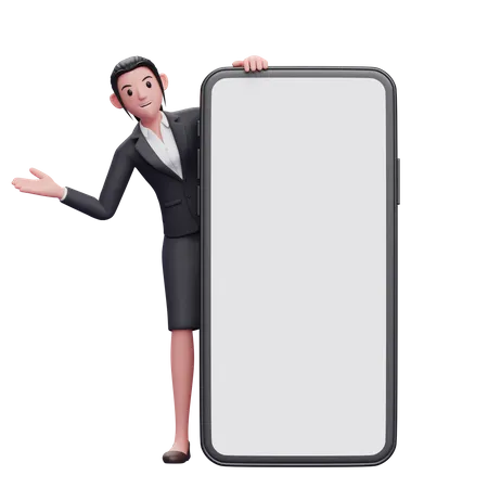 Business Woman In Formal Suit Appears From Behind A Big Phone Decoration 3 D Render Character Illustration 3D Illustration