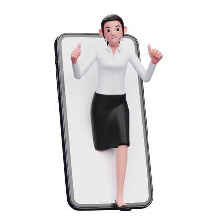 Businesswoman appears from inside the phone screen while giving a thumbs up  3D Illustration