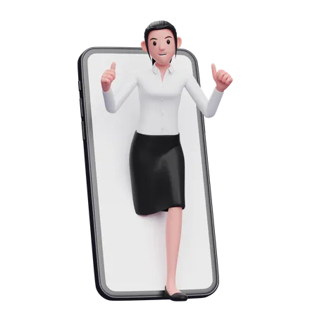 Businesswoman appears from inside the phone screen while giving a thumbs up  3D Illustration