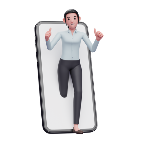 Businesswoman appears from inside the phone screen while giving a thumbs up  3D Illustration