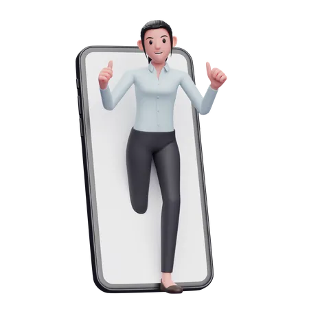 Businesswoman appears from inside the phone screen while giving a thumbs up 3D Illustration