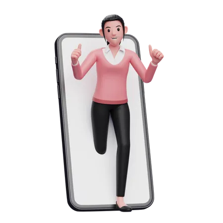 Businesswoman appears from inside the phone screen while giving a thumbs up 3D Illustration
