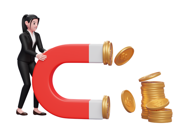 Businesswoman attract money using magnet  3D Illustration