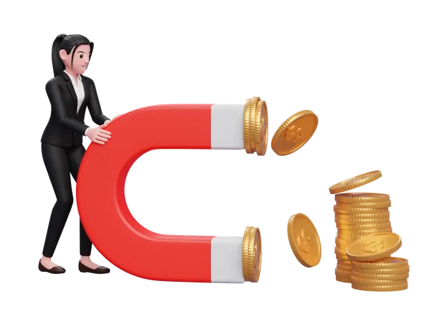 Businesswoman attract money using magnet  3D Illustration