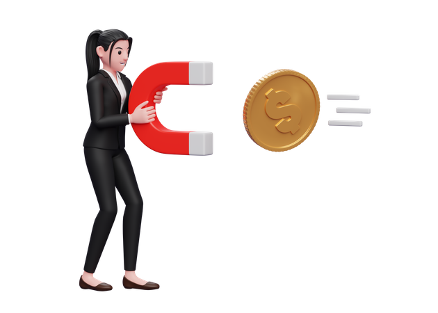 Businesswoman attract money using magnet  3D Illustration