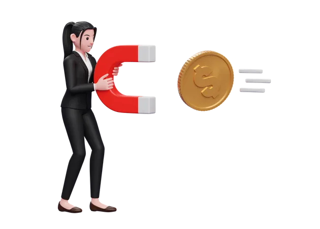 Businesswoman attract money using magnet  3D Illustration