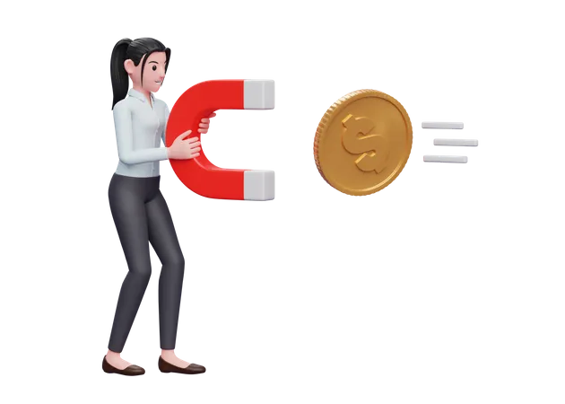 Businesswoman attract money using magnet  3D Illustration