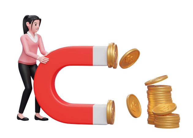 Businesswoman attract money using magnet  3D Illustration