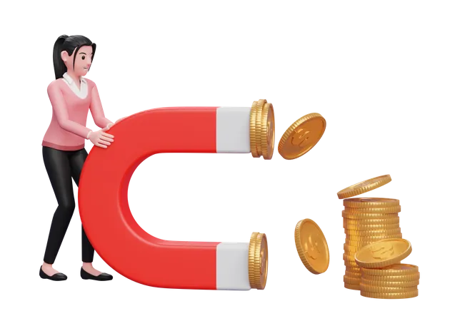 Businesswoman attract money using magnet  3D Illustration