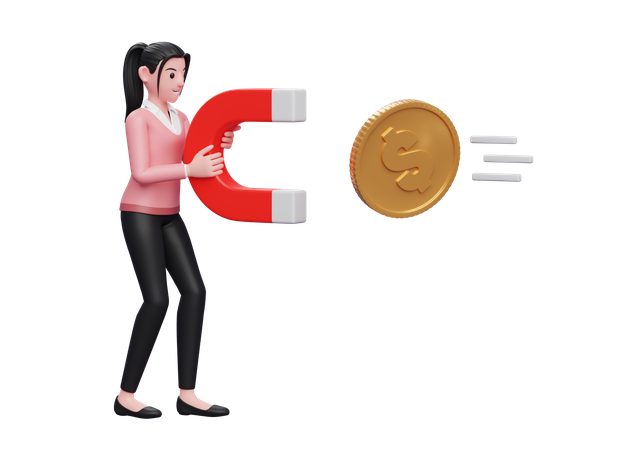 Businesswoman attract money using magnet  3D Illustration