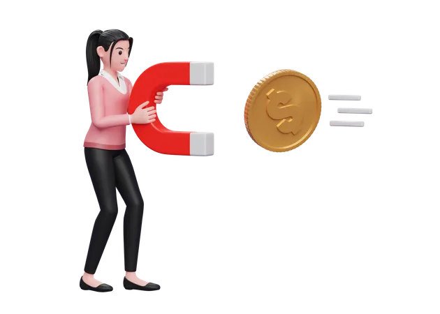 Businesswoman attract money using magnet  3D Illustration