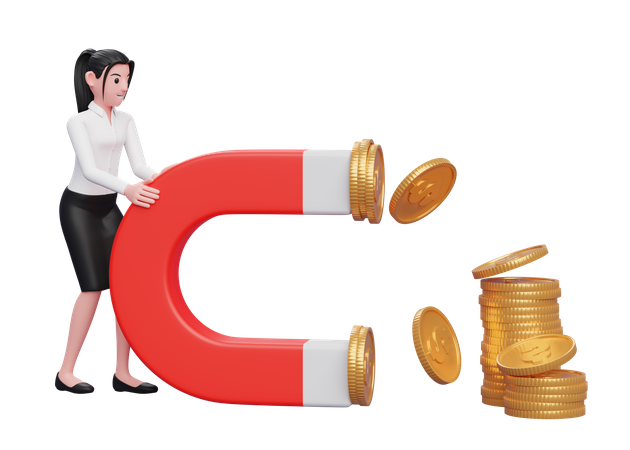 Businesswoman attract money using magnet  3D Illustration