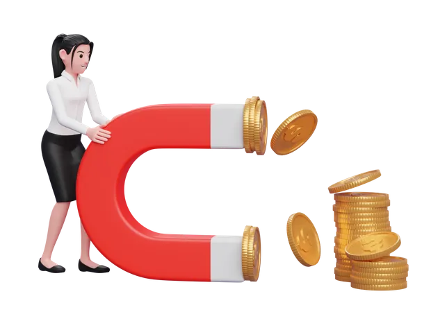 Businesswoman attract money using magnet  3D Illustration