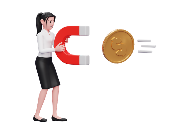 Businesswoman attract money using magnet  3D Illustration