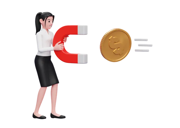 Businesswoman attract money using magnet  3D Illustration