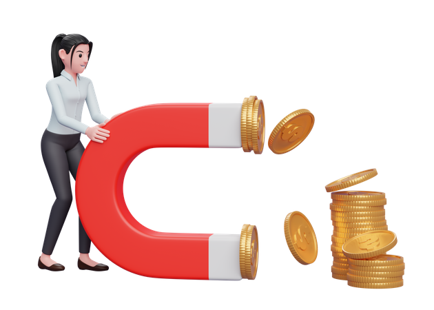 Businesswoman attract money using magnet  3D Illustration