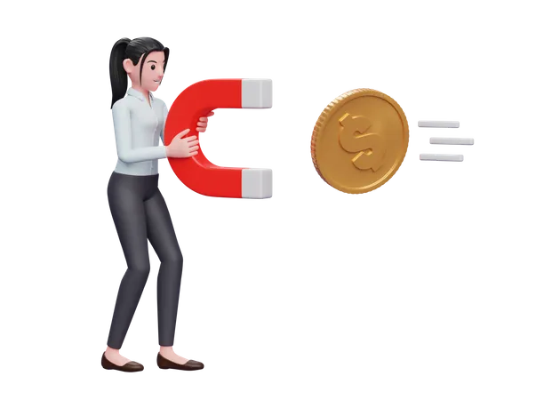 Business Woman In Blue Dress Standing Holding Magnet Attracting Gold Coin 3D Illustration