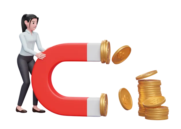 A Business Woman In Blue Dress Hold A Big Magnet To Attract Coins 3D Illustration